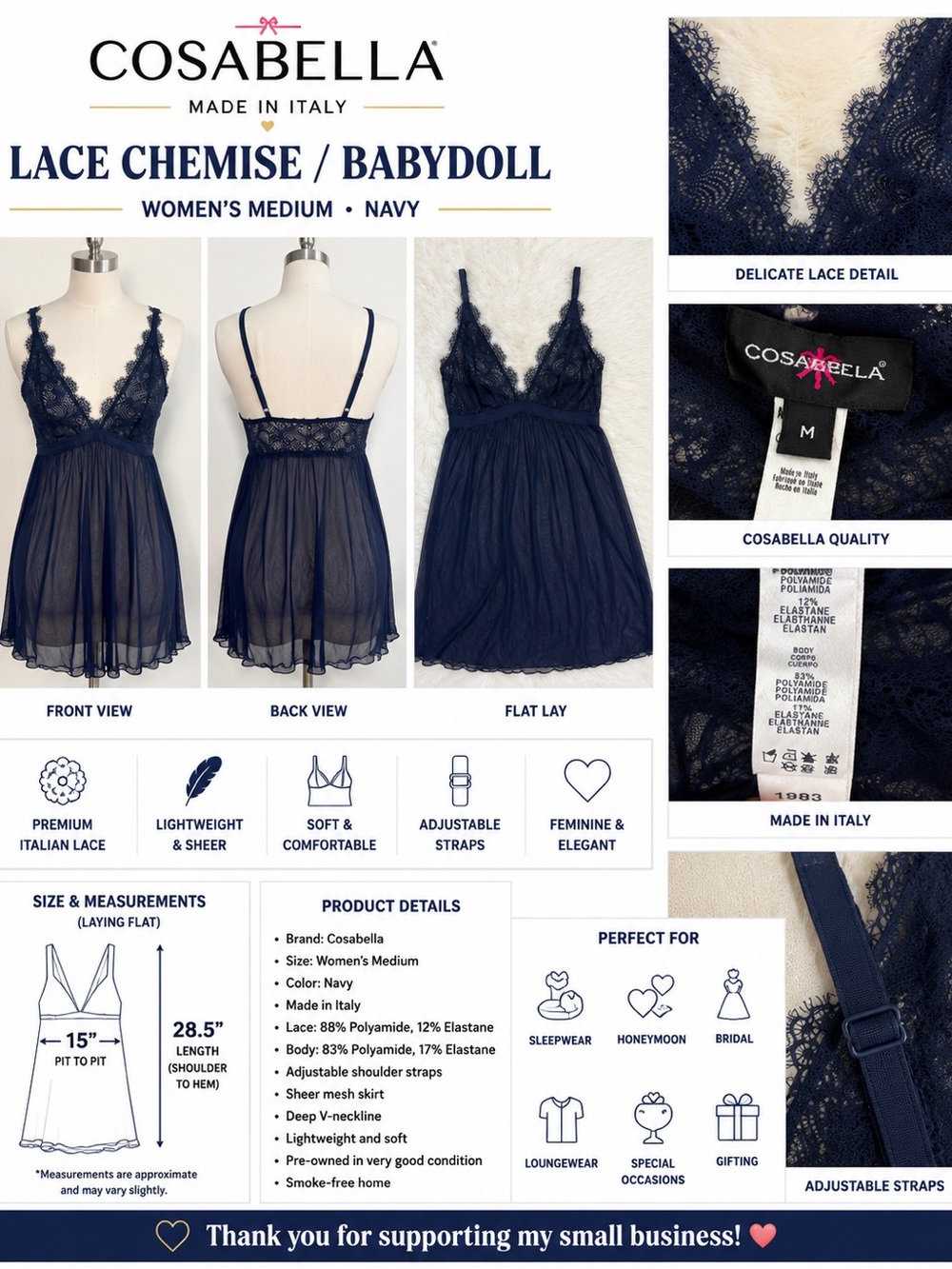 Cosabella Navy Lace Babydoll Chemise Nightgown Made in Italy Women's Medium